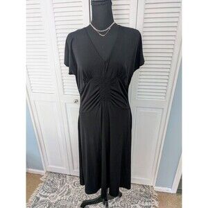 Latina Life Dress Women's L Black Ruched Stretch Classy V-neck Swing Fit & Flare